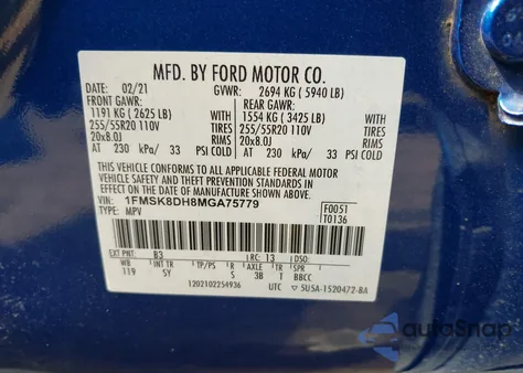 2021 Ford Explorer Xlt из США, поврежденный, VIN 1FMSK8DH8MGA75779